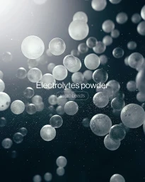 Floating glowing spheres and micro beads against a dark background with typographic text reading Electrolytes powder