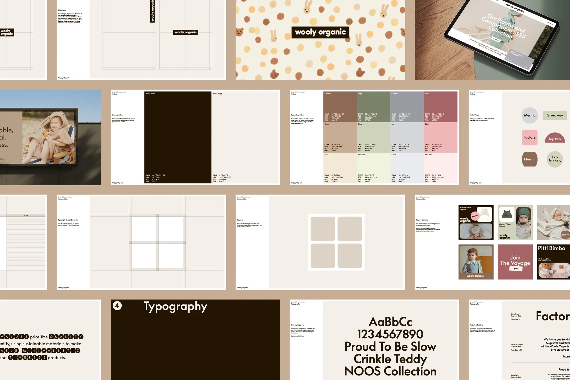 Branding mockup featuring child fashion label 'Wooly Organic' with logo, color palette, typography, and campaign visuals on a digital tablet.