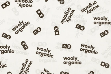 Repeated typographic brand identity pattern featuring dark typography and monogram logos on a light paper background.