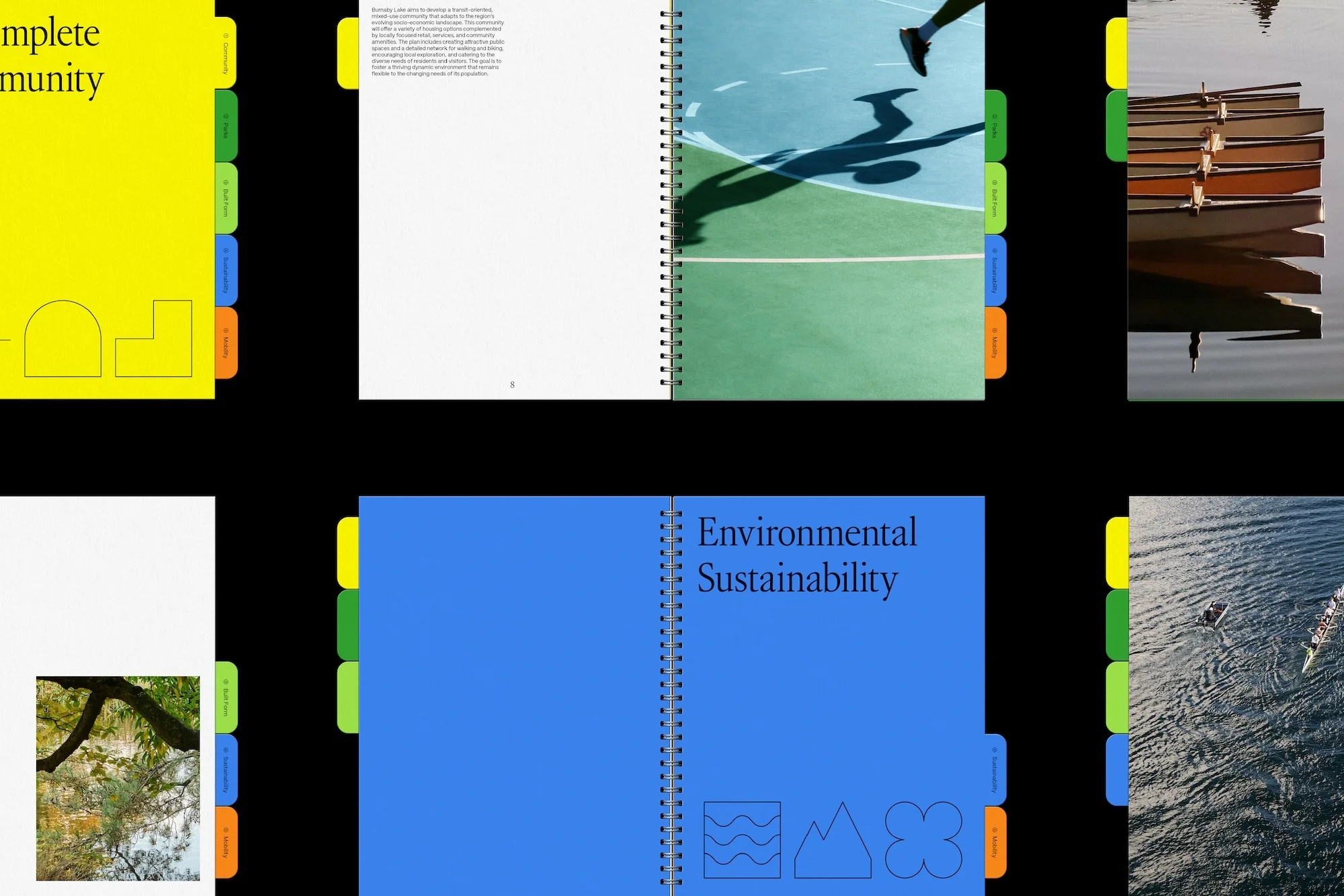 Open spiral notebook displaying various graphic designs and text, some pages blue or yellow, with tabs, clean aesthetic.