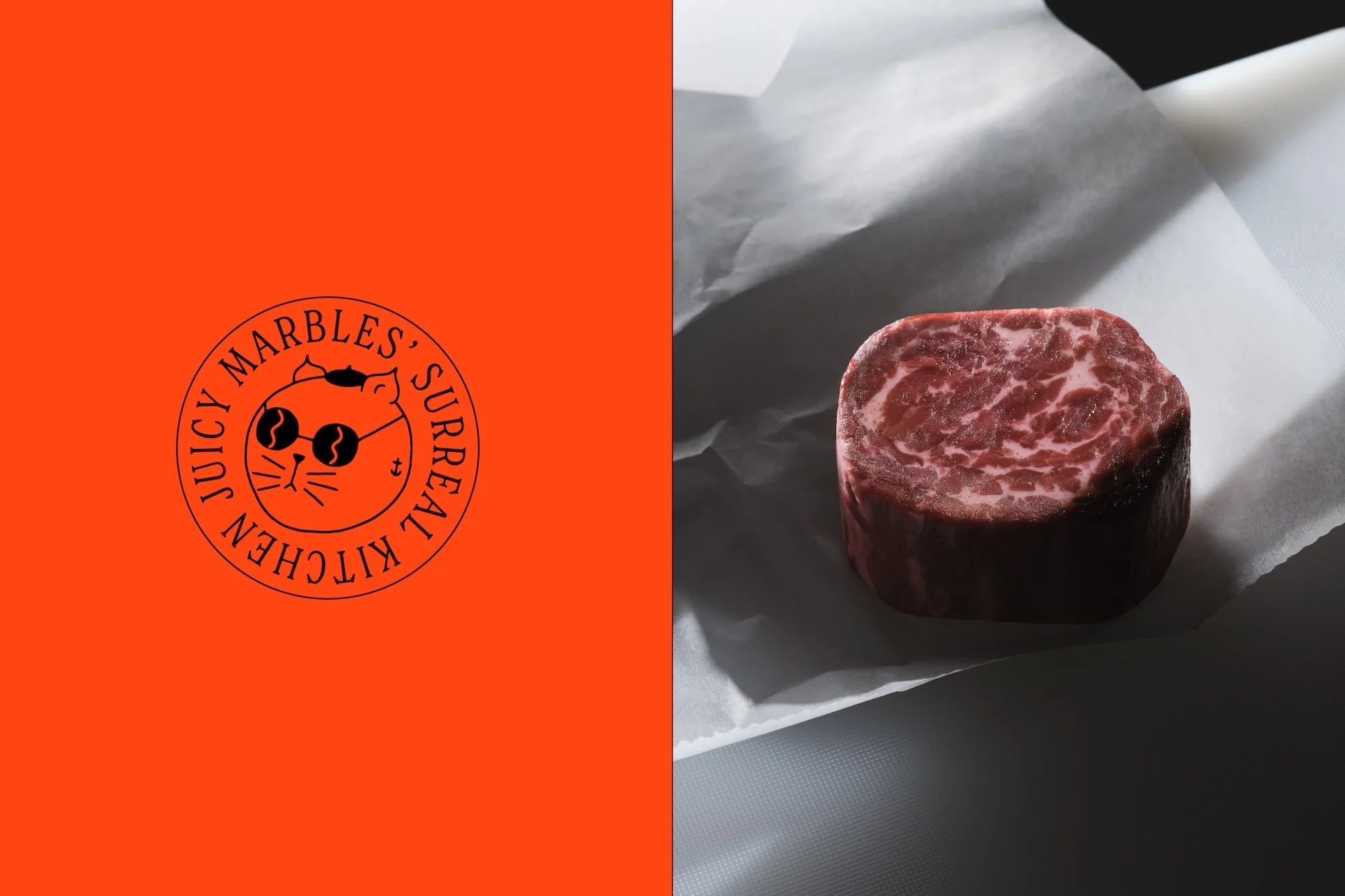 Raw beef steak portion on white paper, presented with an orange background featuring 'Juicy Marbles' logo for food marketing.