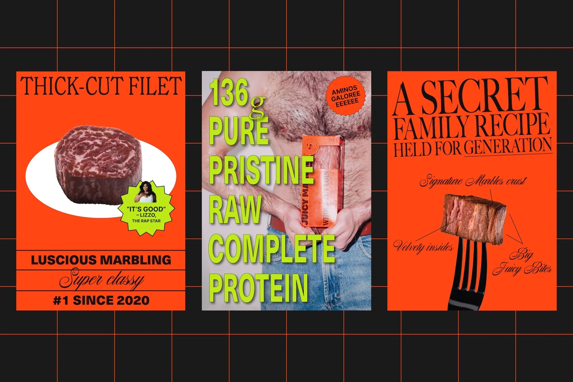 Three orange posters: one with a thick-cut steak, one with a man holding a meat product, and one with a steak on a fork.