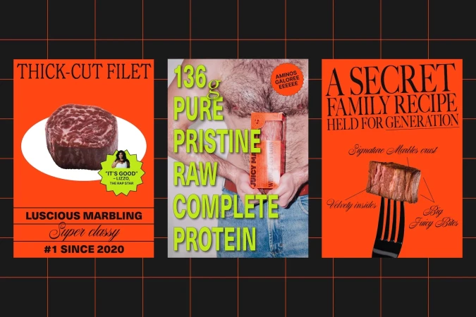 Three orange posters: one with a thick-cut steak, one with a man holding a meat product, and one with a steak on a fork.
