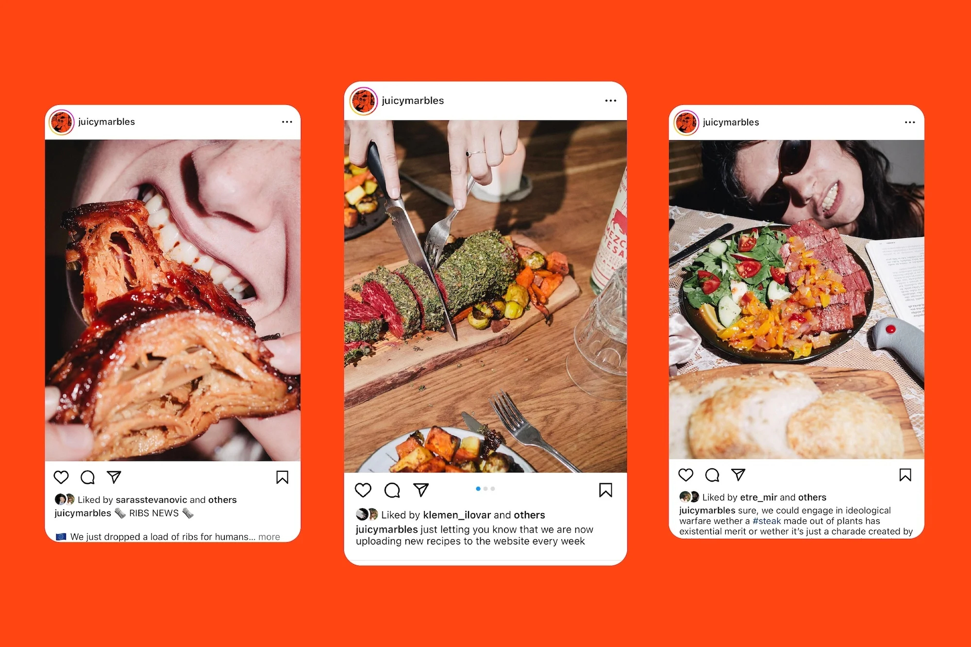 Three Instagram posts show curated food displays: ribs, sliced seitan roast, and a steak salad, set against a vibrant orange background.
