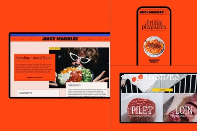 Juicy Marbles brand identity and website design layout featuring vibrant orange screens, typography, and food photography.
