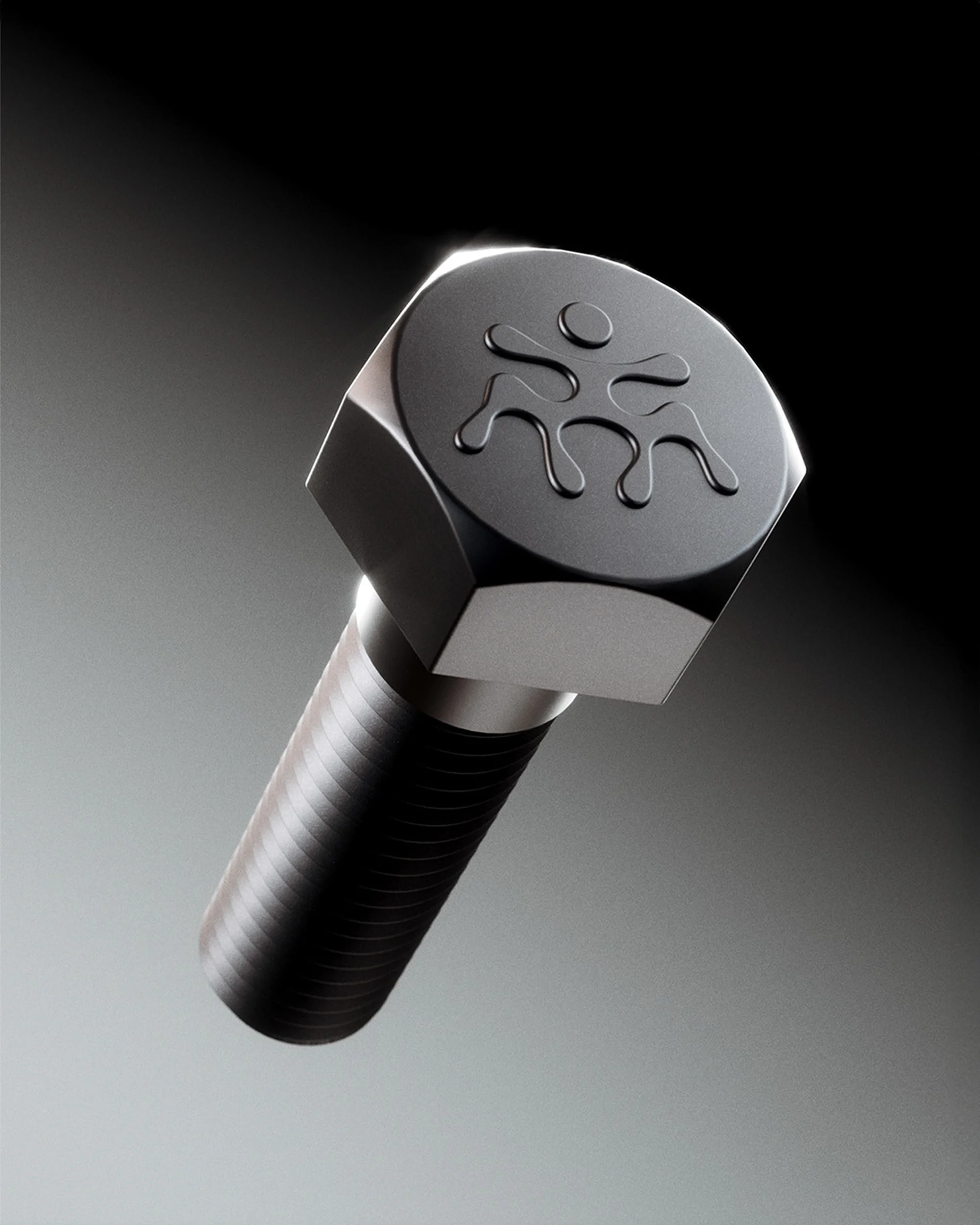 Close-up of a silver-tone hex bolt with a stylized logo on the head, set against a gradient black to gray background with soft lighting.