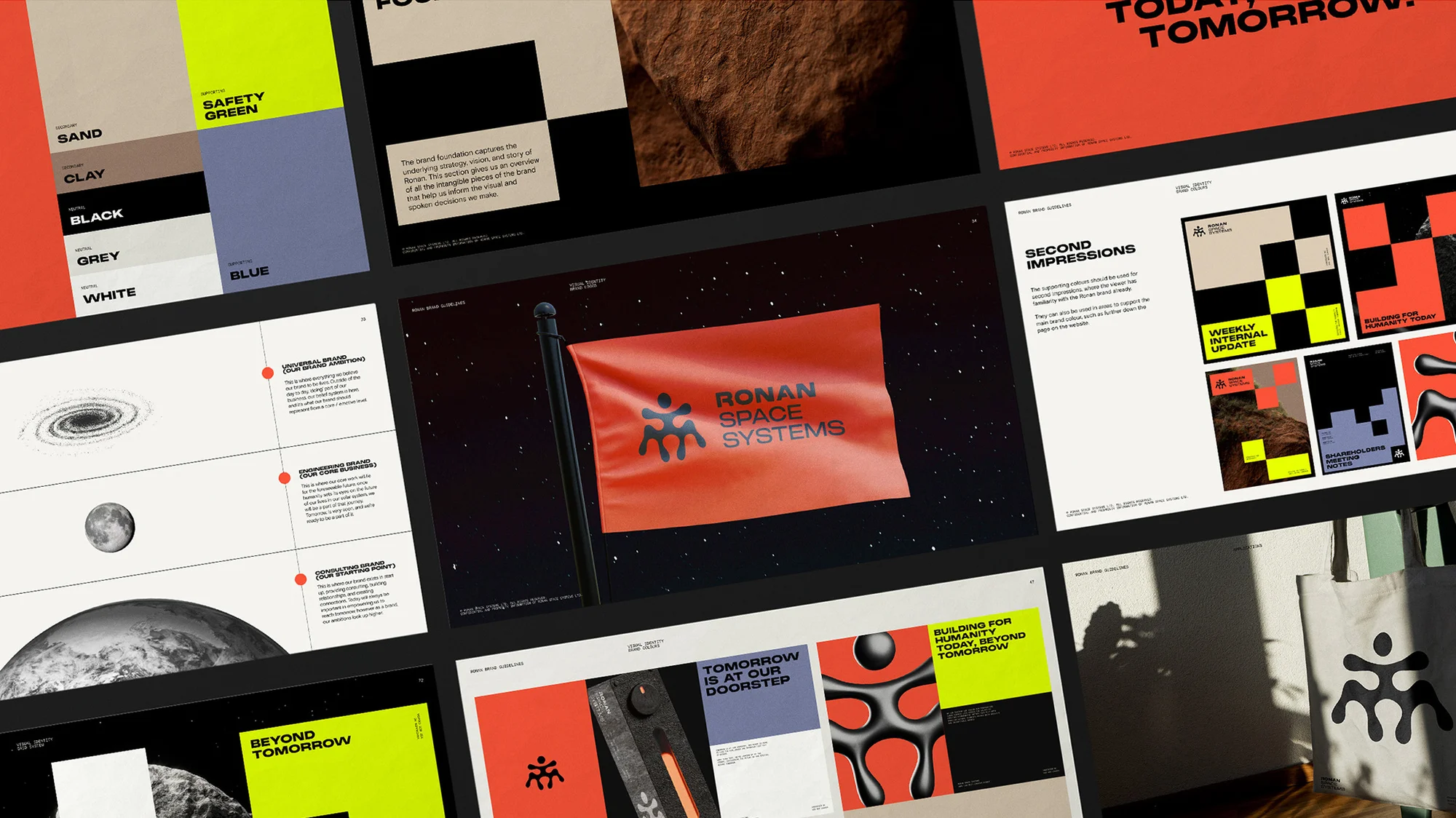 Display of graphic design and branding work with color swatches, typography, and logo for Ronan Space Systems, concept visualization.