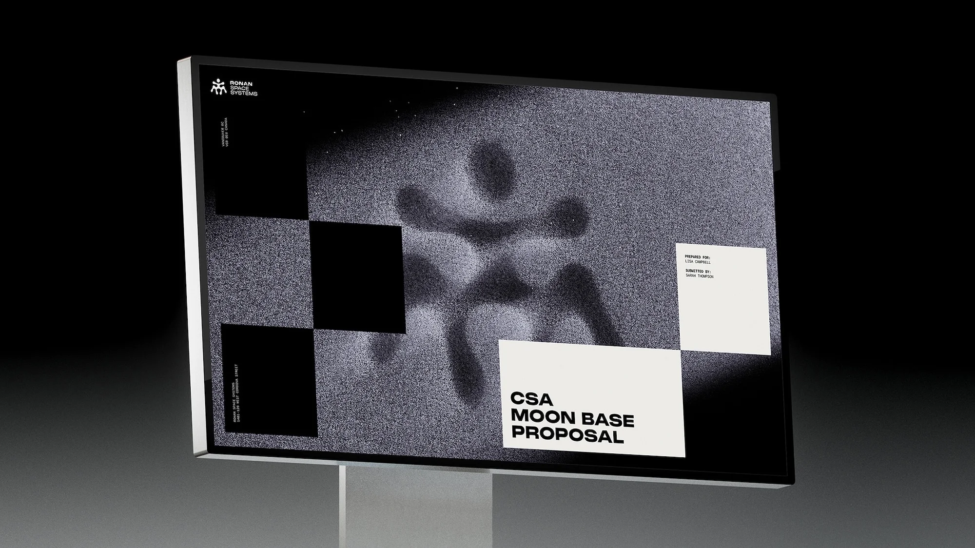 Digital display shows CSA Moon Base Proposal with a grey textured background, black and white checkered pattern, and white text.