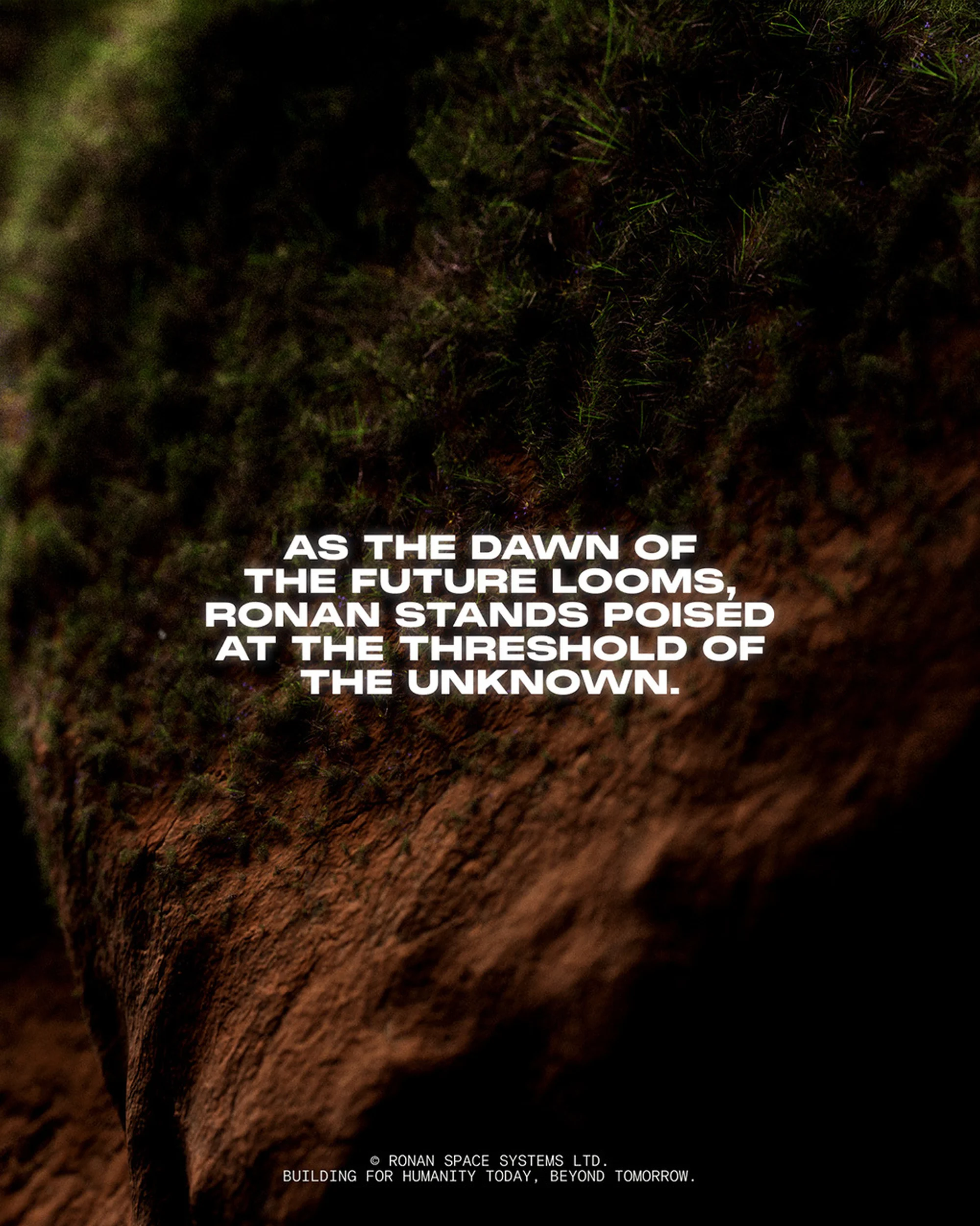 Text overlay on textured rock and moss featuring the phrase 'As the dawn of the future looms, Ronan stands poised at the threshold'.