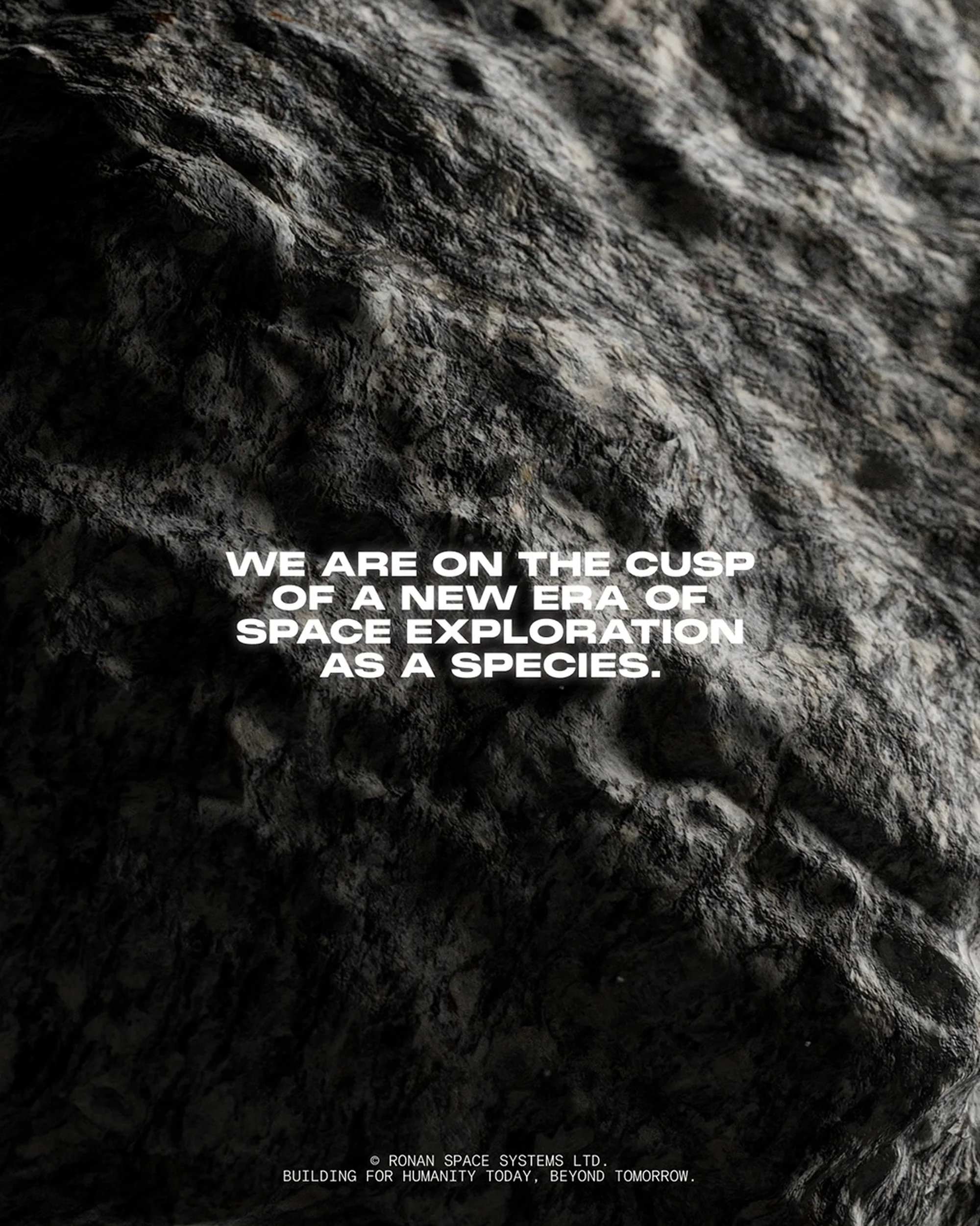 Text on a rock-like surface promotes space exploration. The dark, textured background emphasizes a new era of discovery and humanity's role.