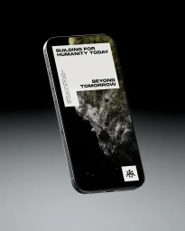A modern smartphone angled against a dark gradient background displaying a brand identity screen with typographic design.