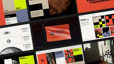 Collage of brand identity elements for Ronan Space Systems featuring a red flag, color palettes, and typographic layouts