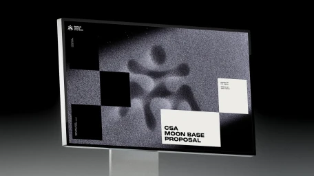 A digital screen displaying a graphic design brand identity proposal for Ronan Space Systems against a dark background