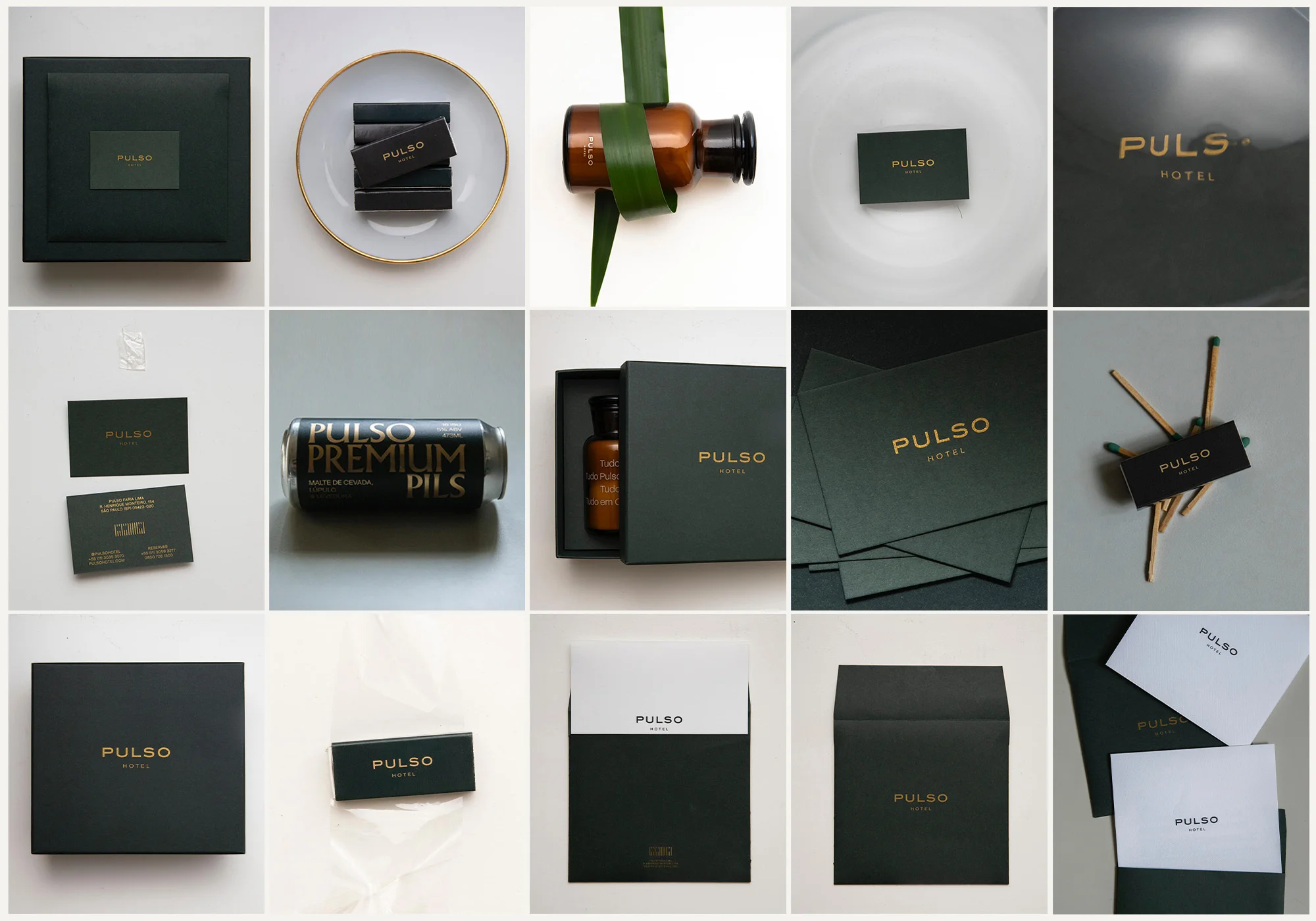 Promotional collage of hotel stationary featuring dark green packaging with gold lettering. The design includes boxes, cards, and bottles.