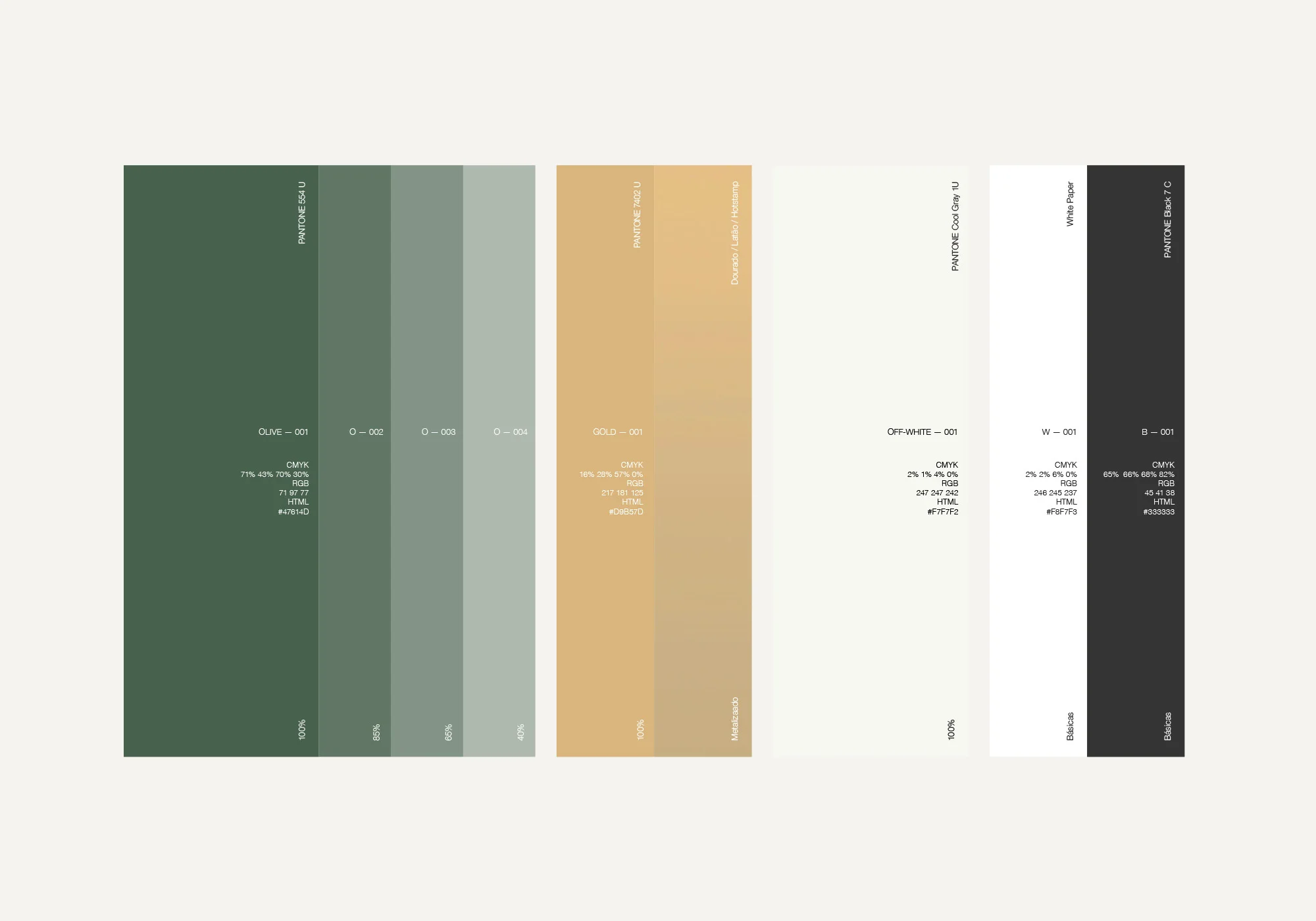 Color palette featuring olive, gray, gold, off-white, white and black swatches with RGB, CMYK, and HTML values for design reference.