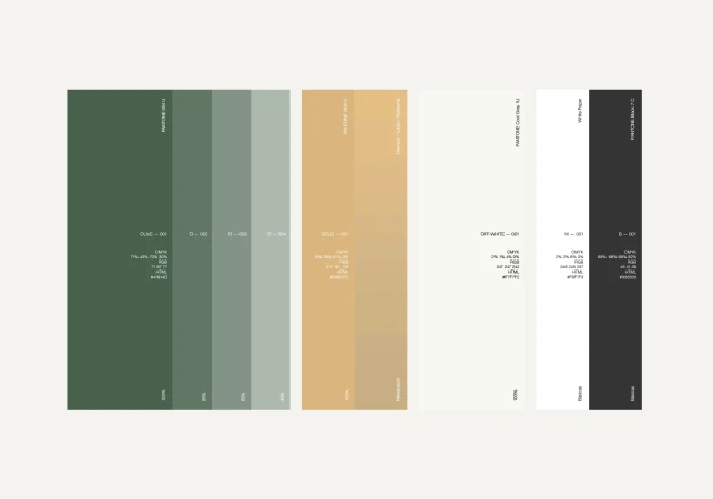 Color palette featuring olive, gray, gold, off-white, white and black swatches with RGB, CMYK, and HTML values for design reference.