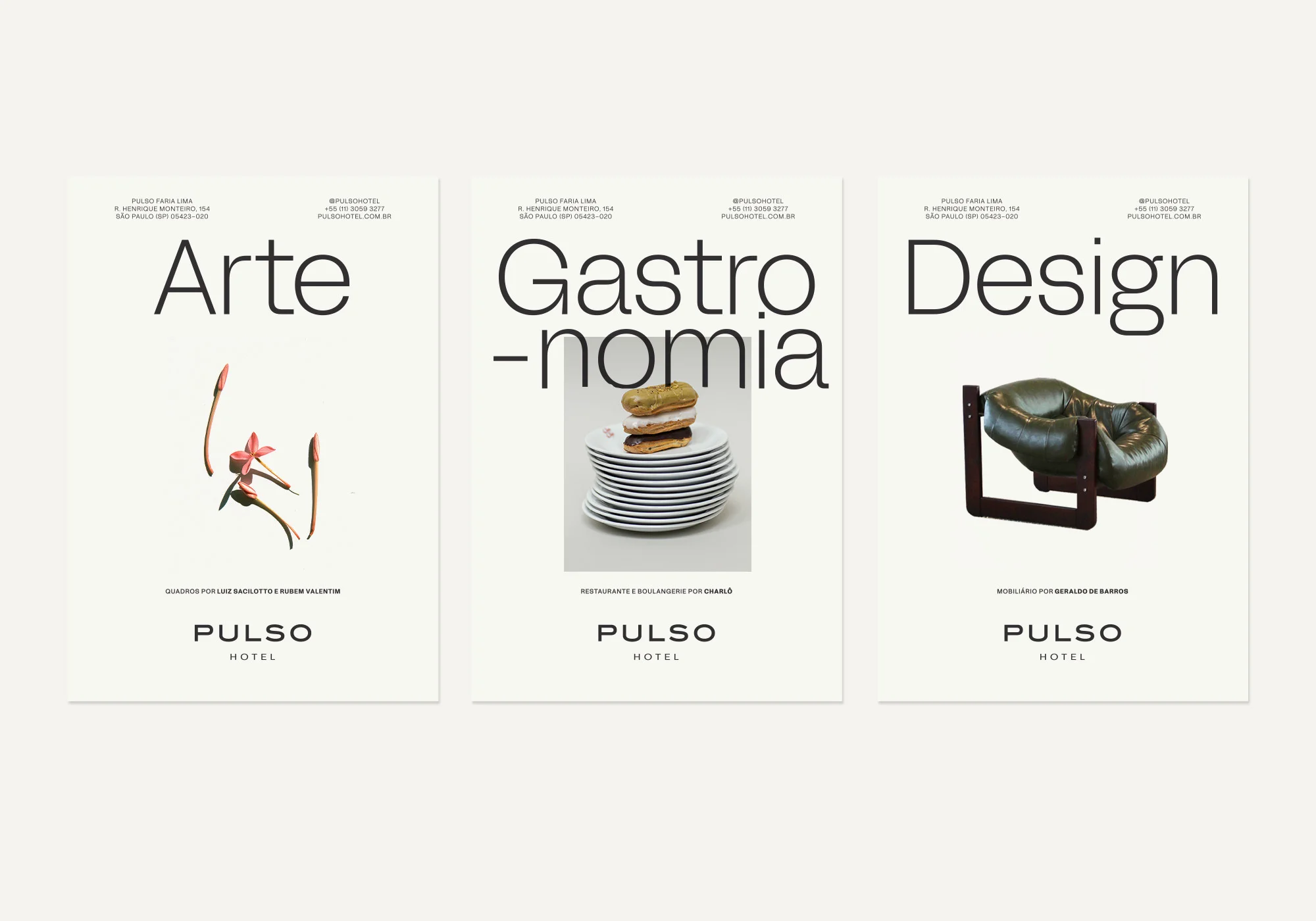 Three promotional posters for Pulso Hotel featuring art, gastronomy, and design, each showcasing different visuals on a white background.