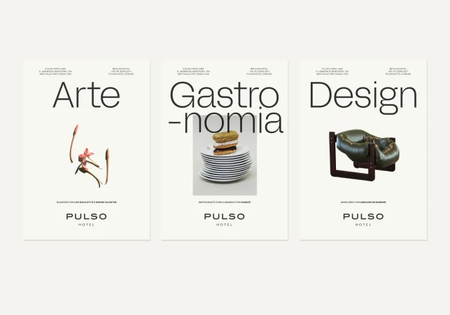 Three promotional posters for Pulso Hotel featuring art, gastronomy, and design, each showcasing different visuals on a white background.