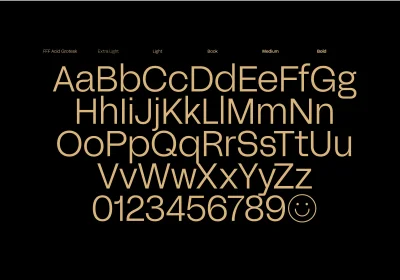 Typography showcase displaying alphabet letters and numbers in beige sans-serif font against a solid black background.