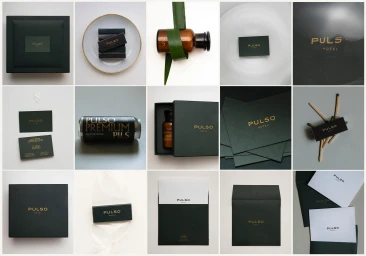 Grid of 15 product and stationery branding mockups featuring dark green packaging, gold lettering, and minimalist design for Pulso Hotel.