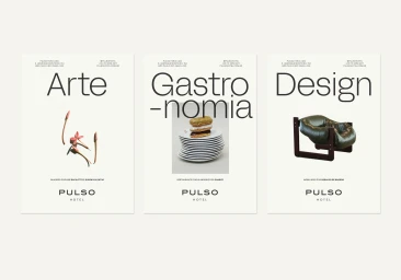 Three vertical print layouts for PULSO Hotel featuring minimalist typography alongside photography of flowers, food, and furniture.