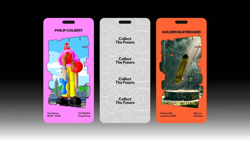 Three digital art pieces: cartoon painter with cityscape, futuristic grey pattern, skateboard scene in orange frames on grey.