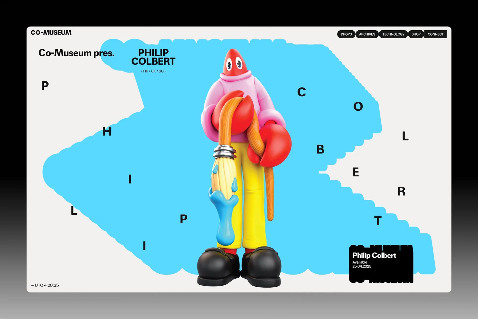 Illustration of a Philip Colbert cartoon figure holding a paintbrush with dripping blue paint in front of a blue cloud design.