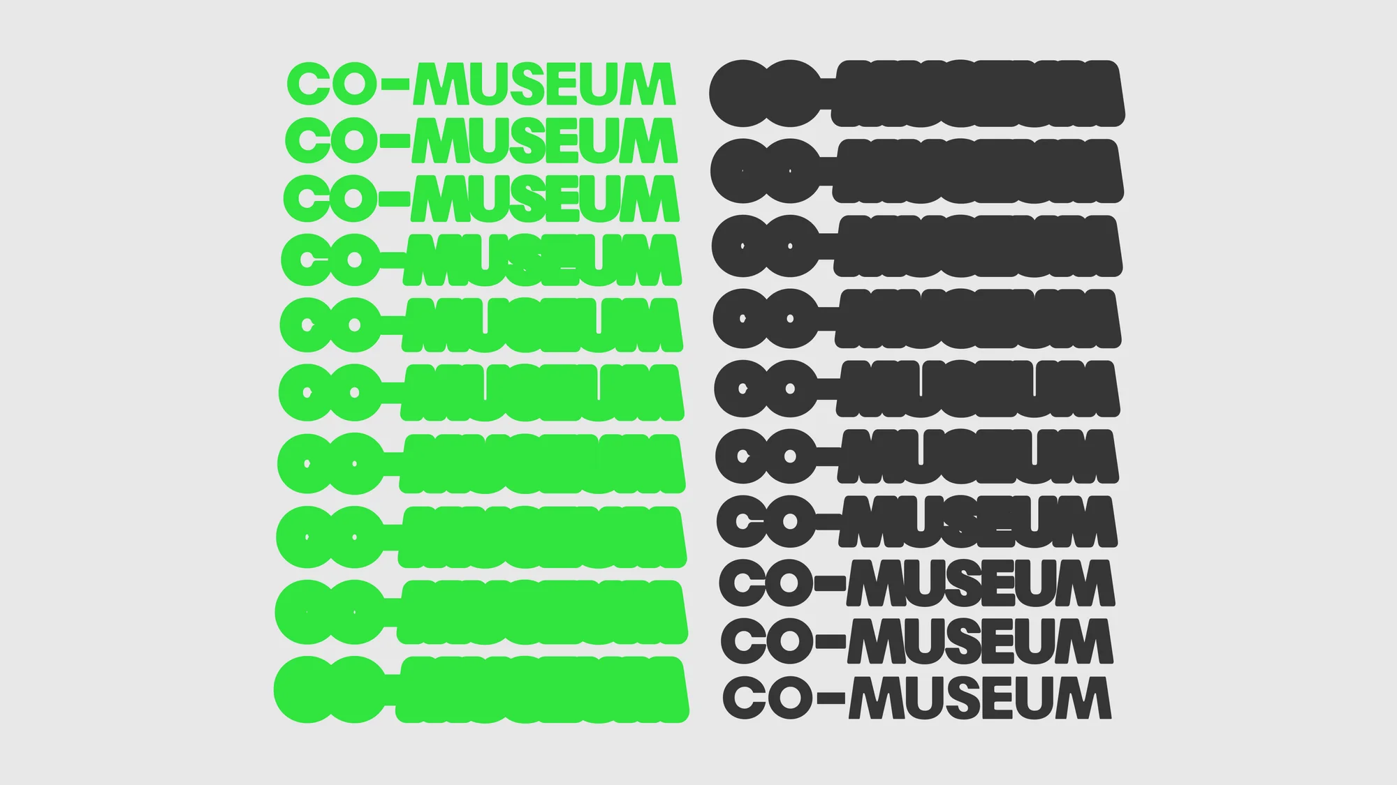 Graphic design featuring repeating text "CO-MUSEUM" in bright green and black, arranged in vertical columns against a light background.