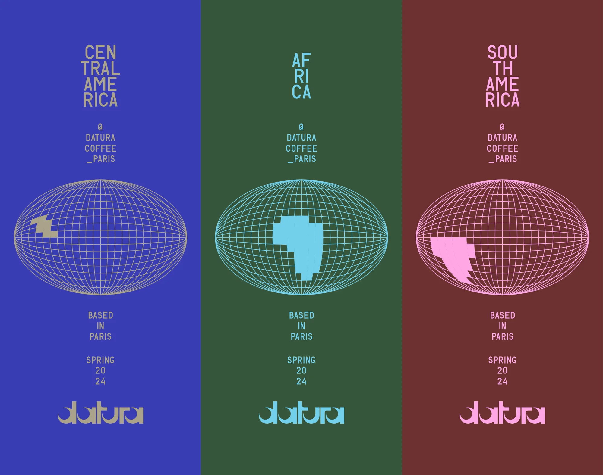 Colorful graphic design featuring three variations of a stylized globe with continents for Central America, Africa, and South America.