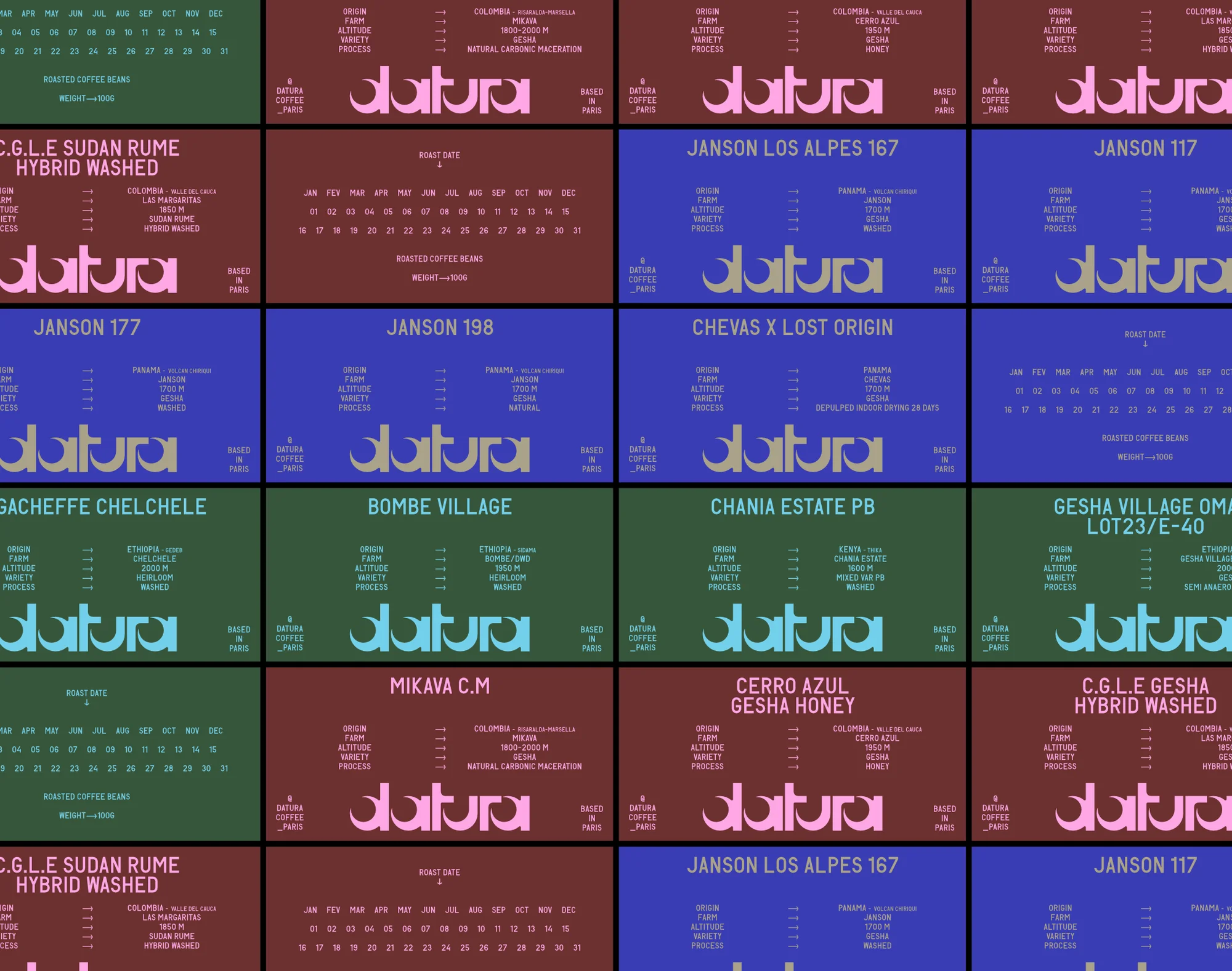 Colorful display of Datura Coffee labels showcasing roast dates and origins, presenting a vibrant, textured coffee brand advertisement.