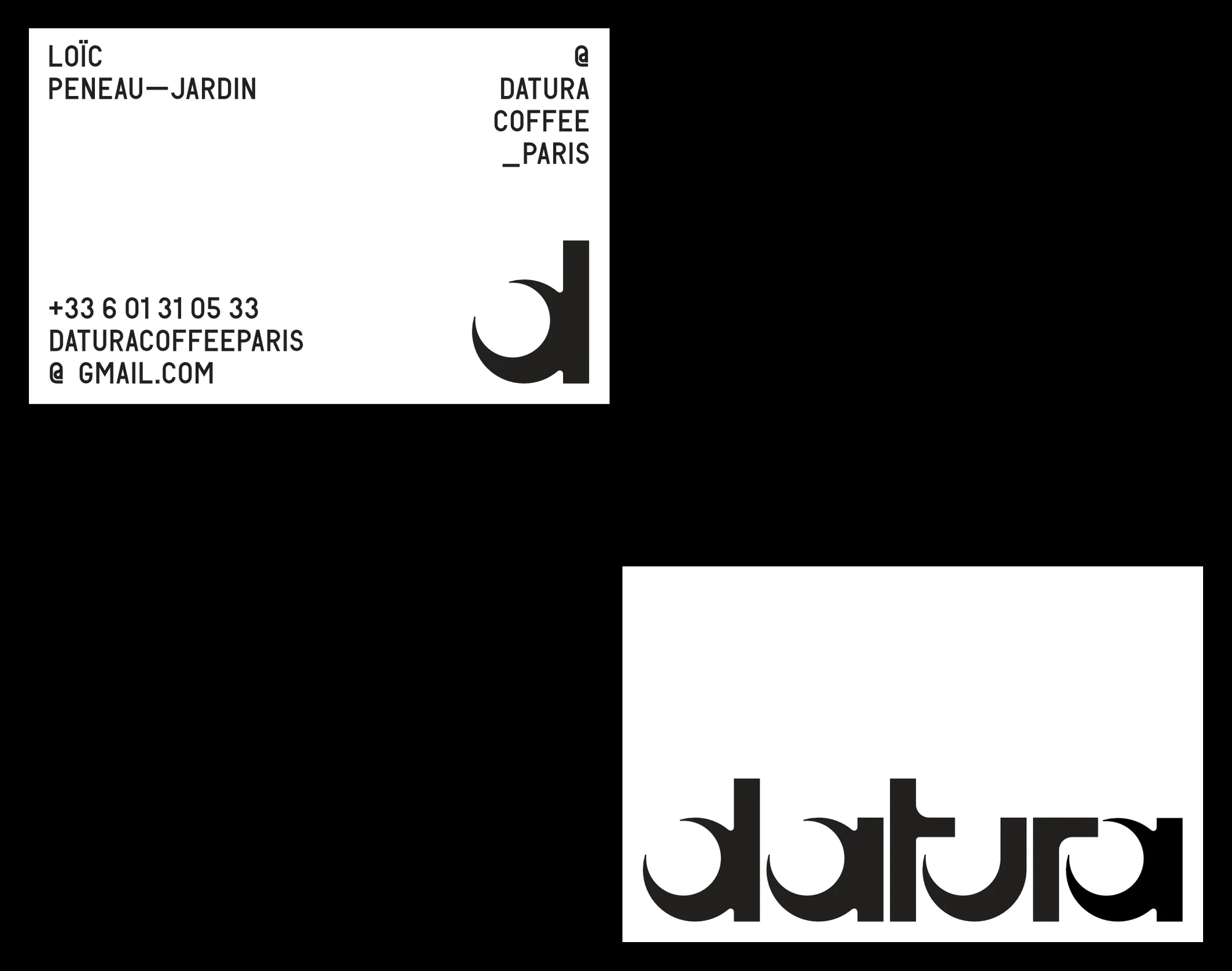 Minimalist graphic with business card design featuring the Datura Coffee Paris logo in black and white with contact information.