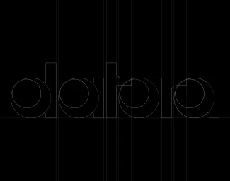 Datura brand identity typographic logo design featuring thin white outline lettering on a black grid background