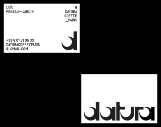 Monochrome brand identity design for Datura featuring business cards and logotype on white cards against black ground.