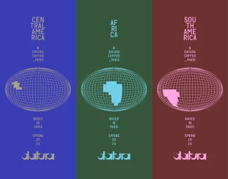 Three vertical panels in blue, green, and red featuring wireframe globes with regional maps and typography for Datura brand identity.