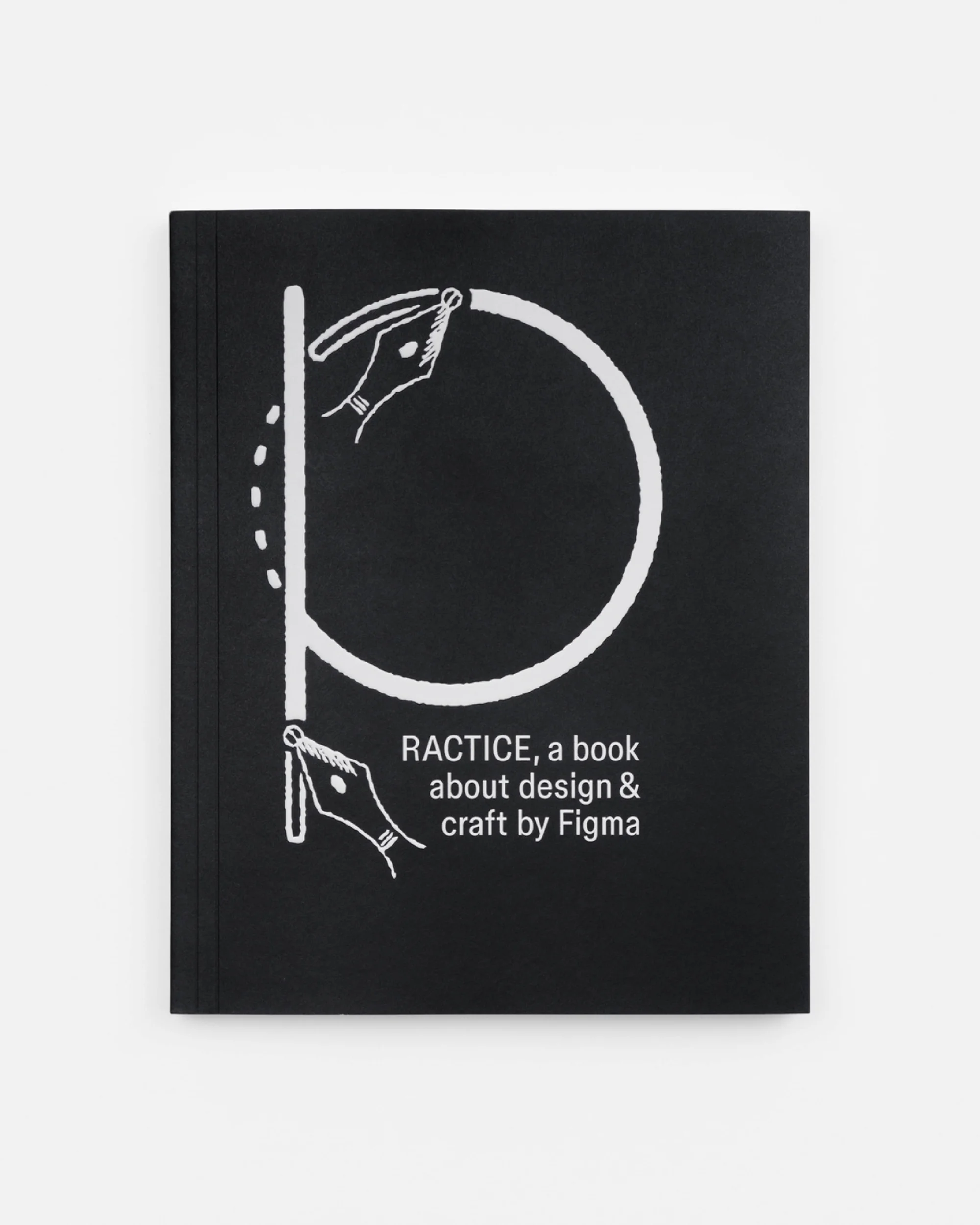 Black book cover with a white design featuring a hand drawing the letter 'P,' promoting design and craft by Figma, on a white background.