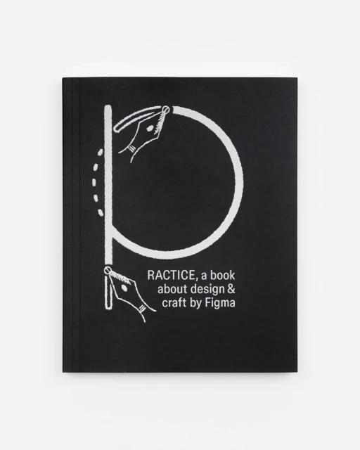 Black book cover with a white design featuring a hand drawing the letter 'P,' promoting design and craft by Figma, on a white background.