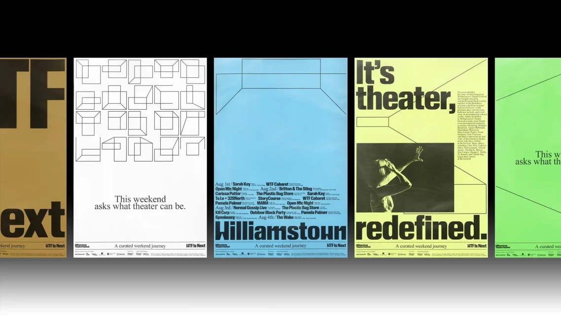 Series of vibrant, modern posters with bold typography and geometric designs, promoting a curated weekend journey in theater.