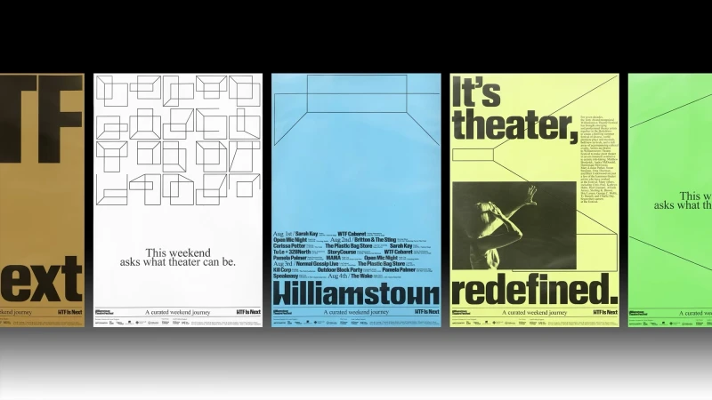 Series of vibrant, modern posters with bold typography and geometric designs, promoting a curated weekend journey in theater.
