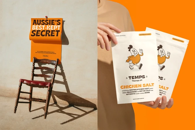 Promotional image featuring Temps Tastes Co Chicken Salt packaging held by a person against an orange background with a vintage chair.