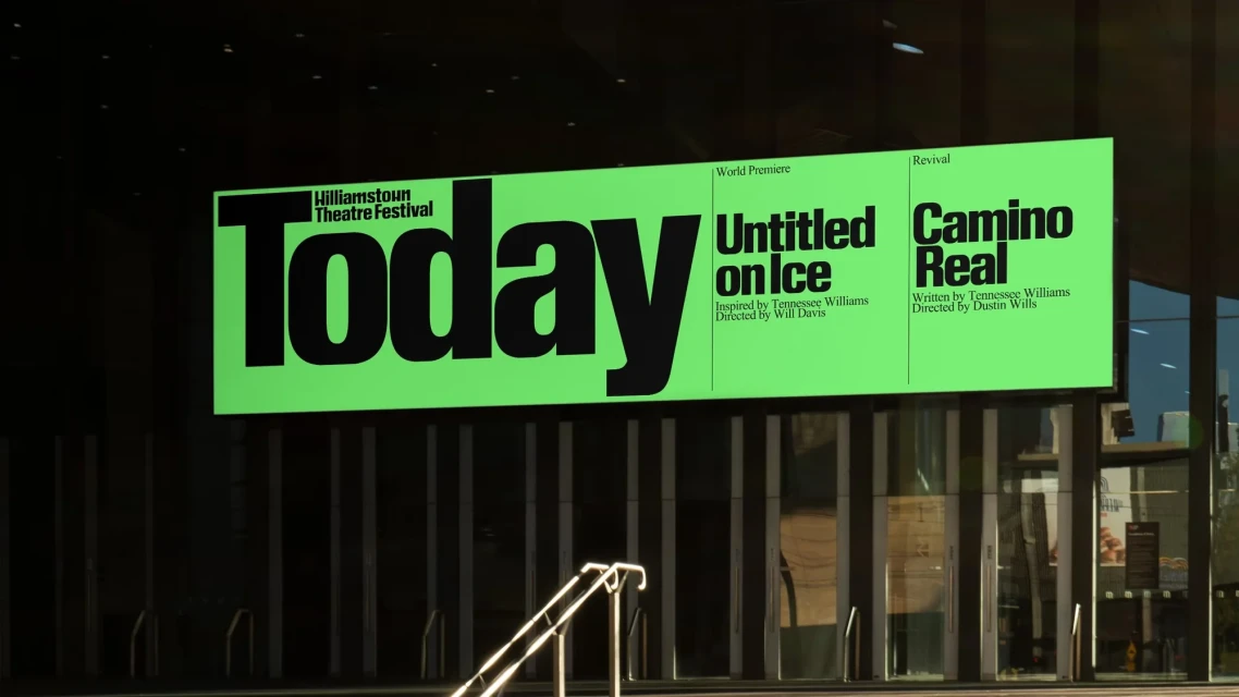 Outdoor billboard advertises the Williamstown Theatre Festival with plays 'Untitled on Ice' and 'Camino Real' in bold black font.