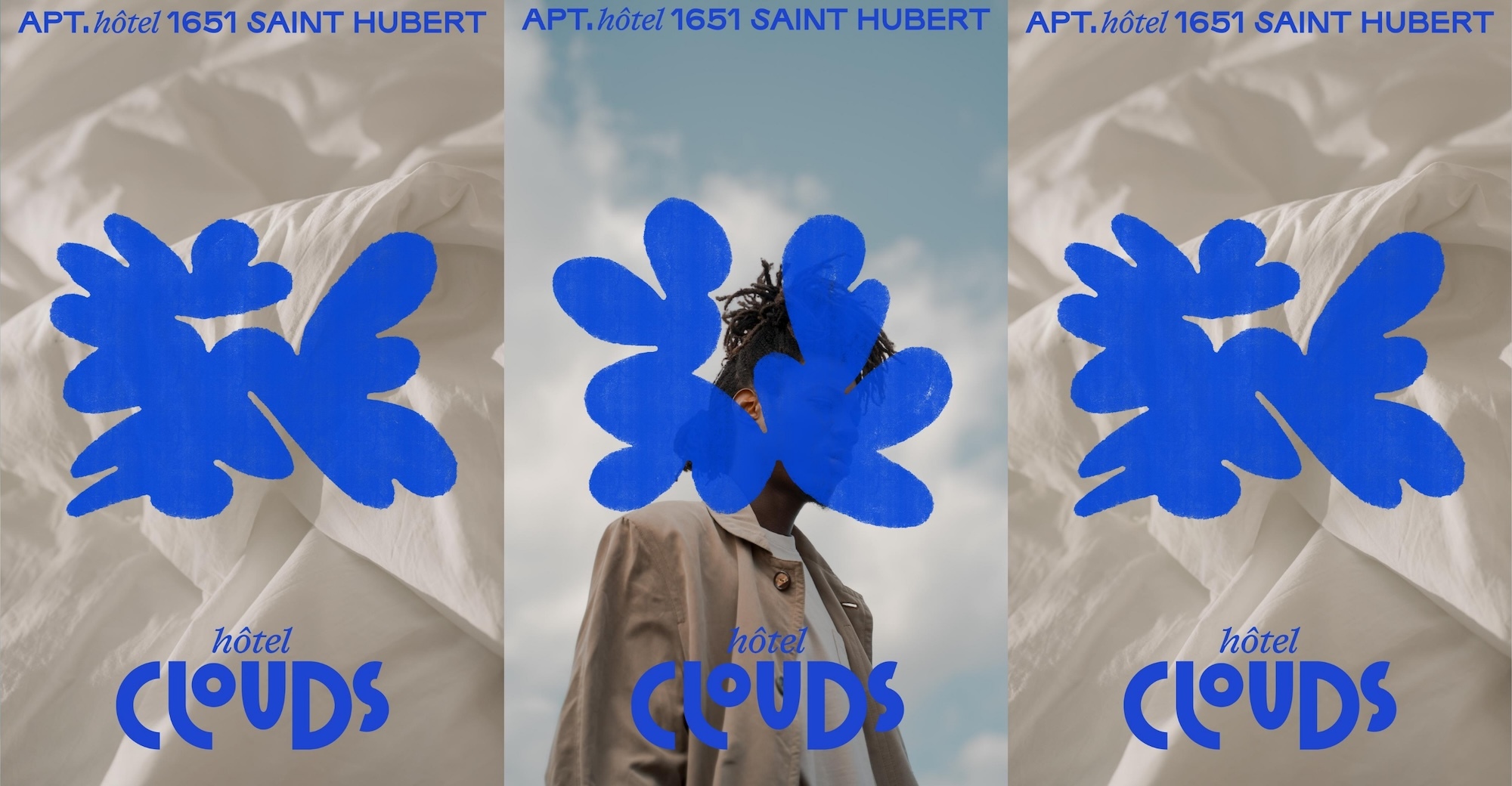 Creative collage-style promotional artwork for Hotel Clouds featuring a tan jacketed figure, blue cloud graphics, and off-white bedding.