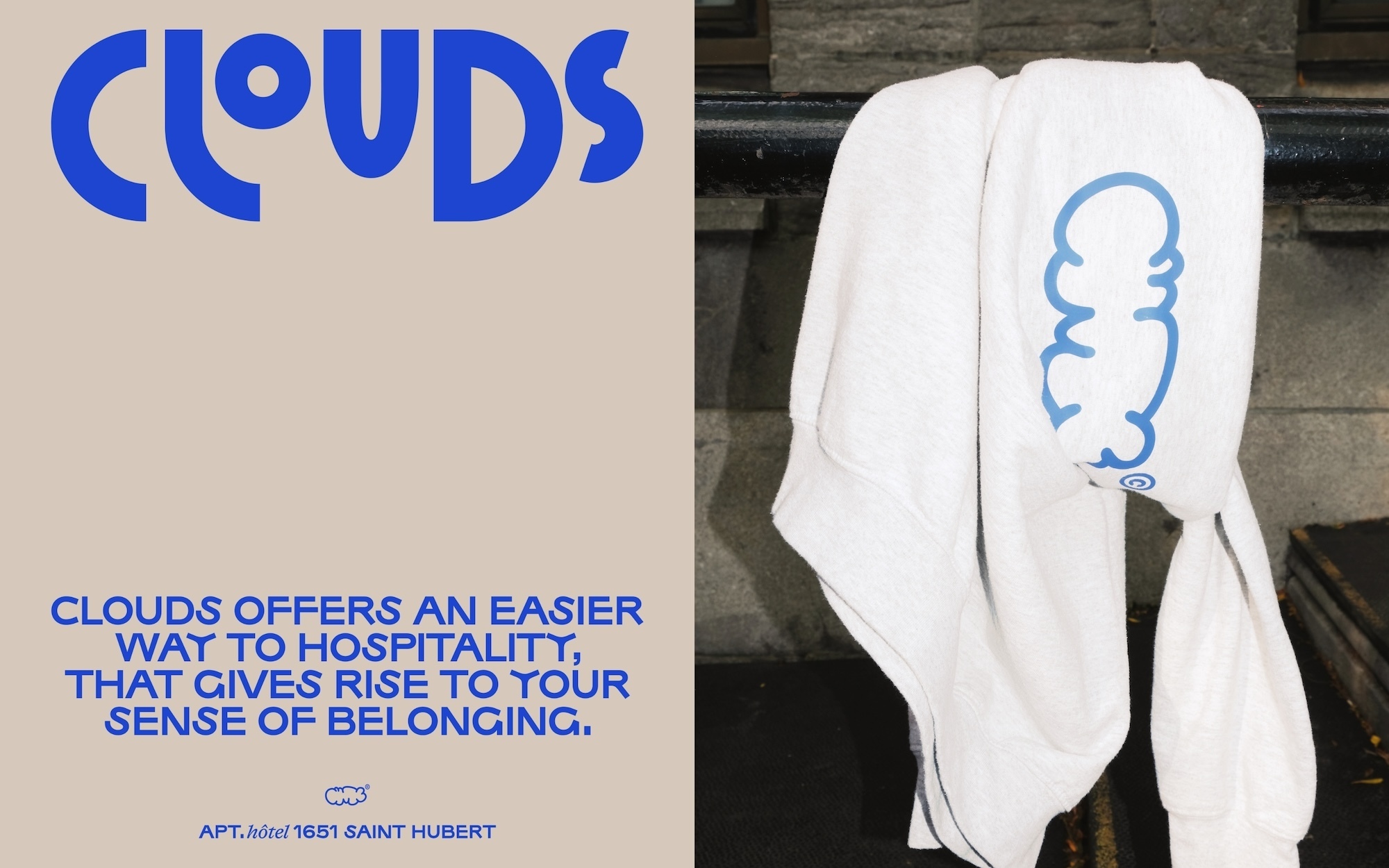 White hooded sweatshirt hangs on a metal bar, with blue text and graphic on a tan background with product advertising text on the left.