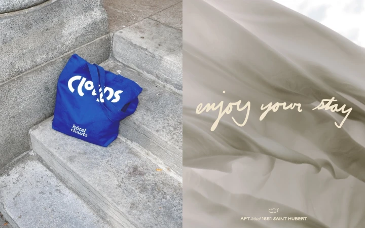 Promotional image featuring a blue tote bag with 'hotel clouds' branding on concrete steps, alongside text promoting a hotel stay.
