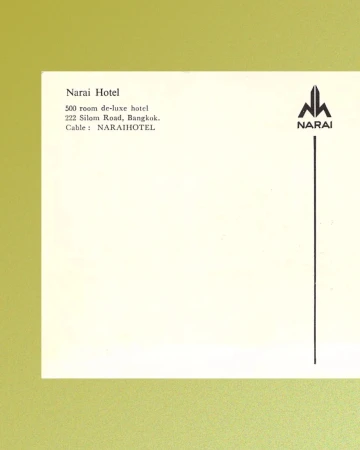 Image of a Narai Hotel brochure featuring the hotel's logo and contact information, set against a light background with muted green border.