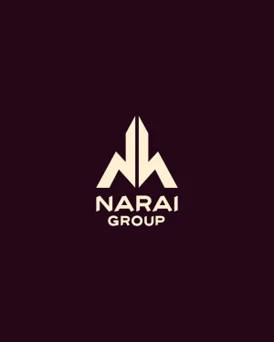 Cream-colored Narai Group brand identity logo centered on a solid dark burgundy background.
