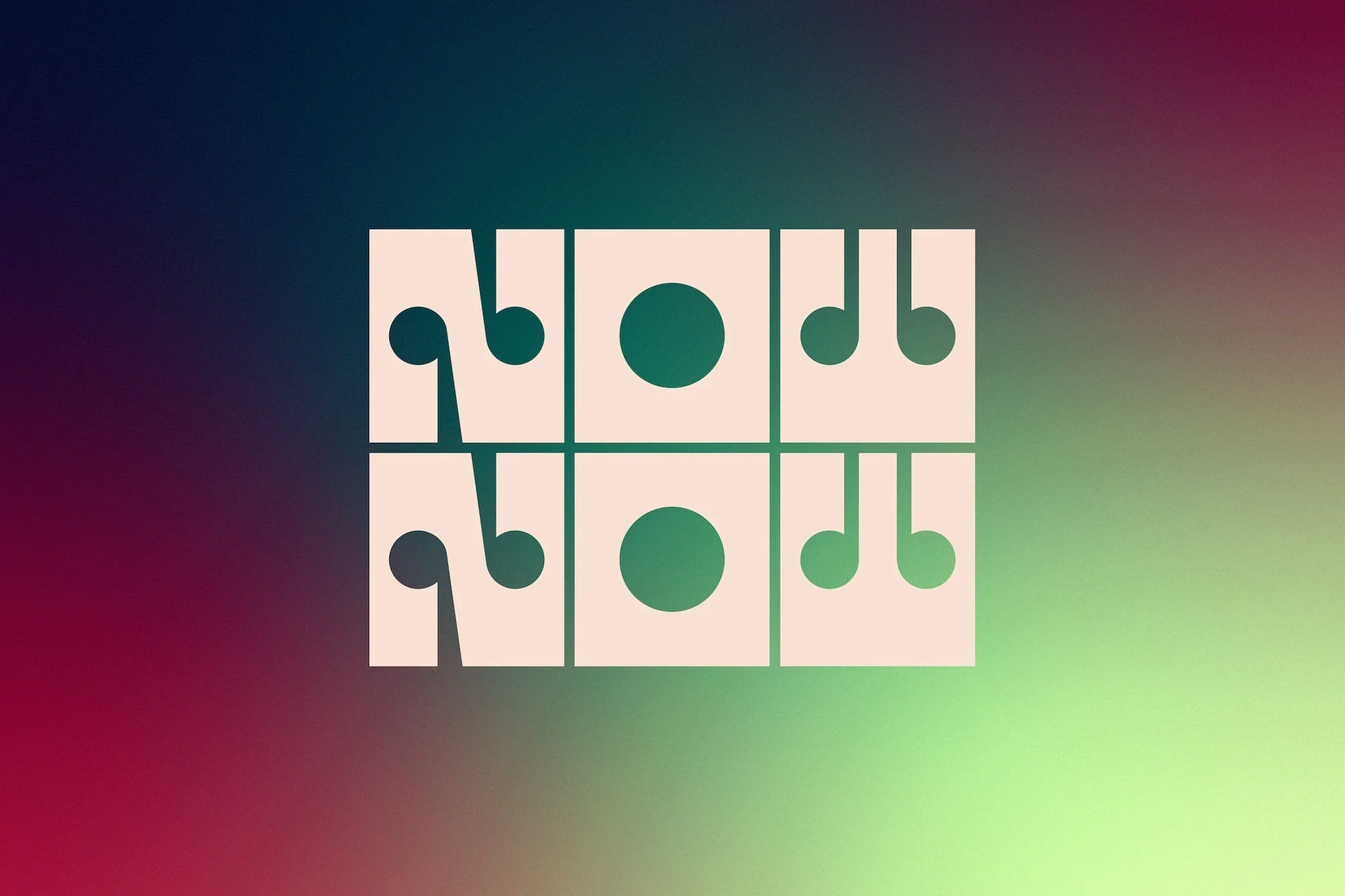 Abstract design with musical notes and circles arranged in a grid on a blurred gradient background of green, blue and maroon hues.