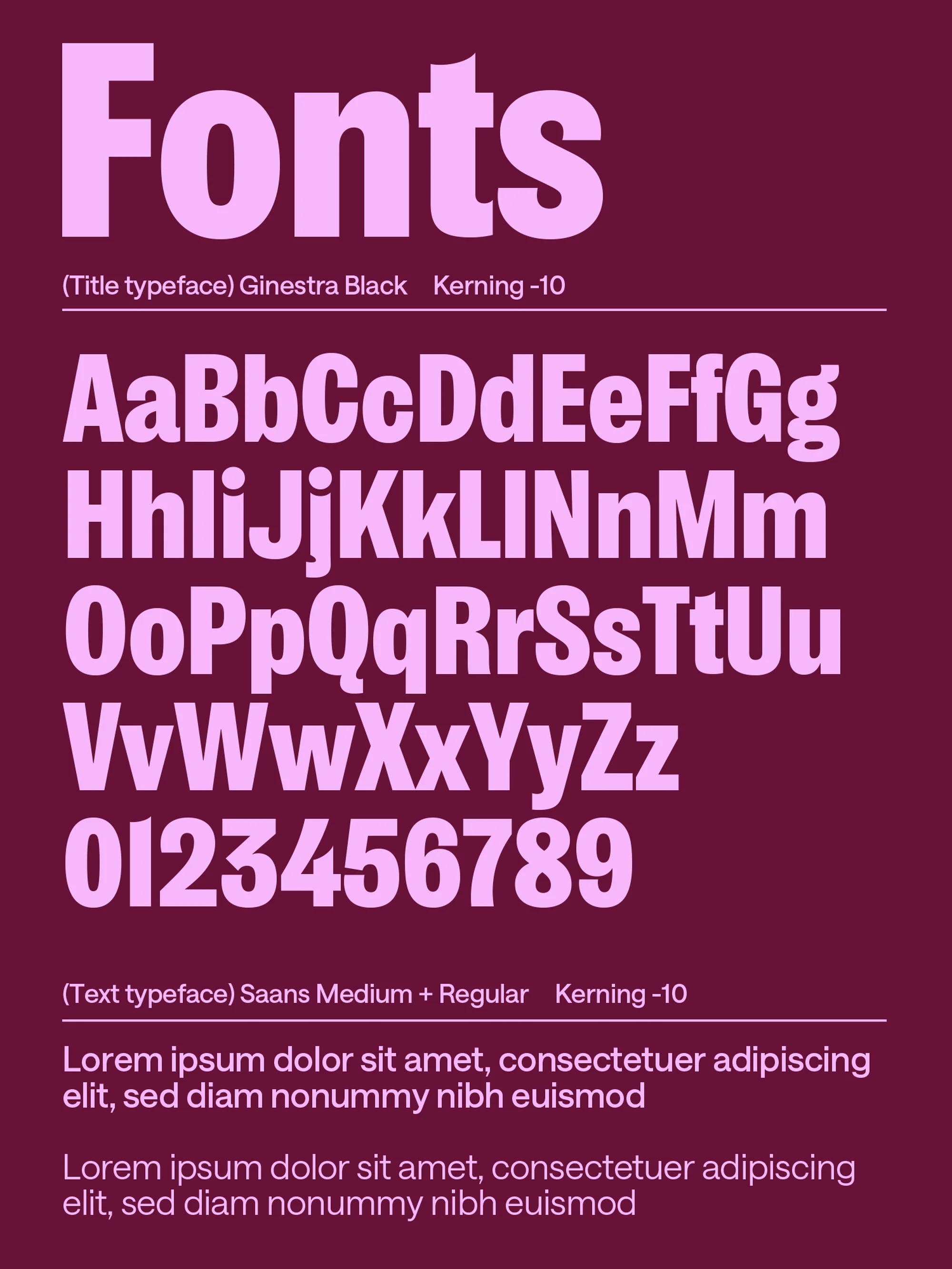 Font design specimen featuring Ginestra Black and Saans Medium/Regular typefaces, showcasing alphabets, numbers, and sample text.