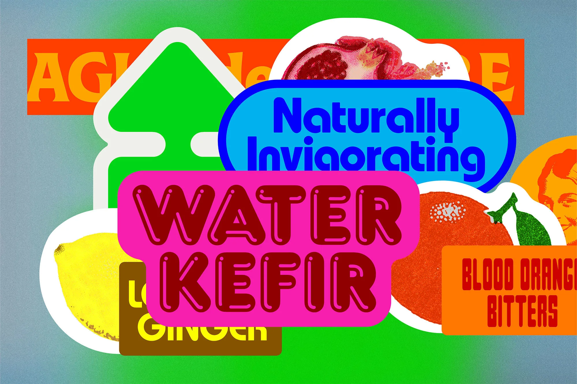 Colorful still life image of fruit, citrus and labels: pomegranate, lemon, blood orange bitters, water kefir, and invigorating text.