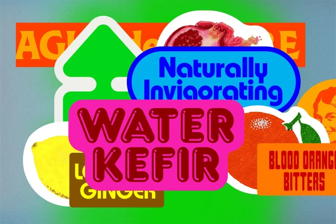 Collage of colorful stickers featuring text and fruit illustrations on a textured blue and green background.