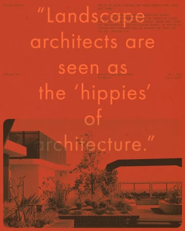 Rooftop garden on modern building in terracotta hues with text overlay about landscape architecture and design profession.